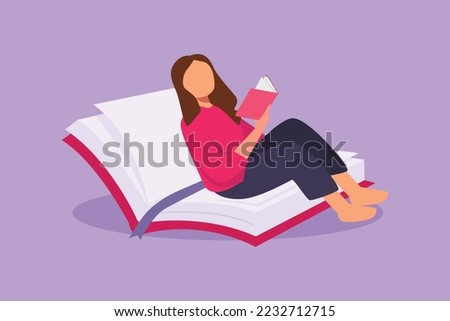 Character flat drawing young female reading, learning and sitting on open big book. Smart student studying in library. Literature fans, booklover, education concept. Cartoon design vector illustration