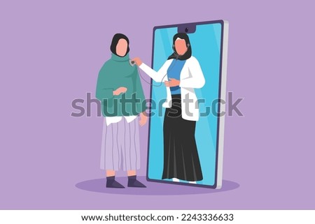 Graphic flat design drawing Arabian female doctor comes out of smartphone screen and checking female patient heart rate using stethoscope. Online doctor or medical. Cartoon style vector illustration