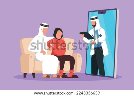 Character flat drawing Arab male doctor comes out from smartphone screen facing and gives consultation to couple patient with pregnant wife. Online digital medical. Cartoon design vector illustration