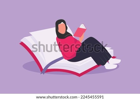 Character flat drawing Arab female reading, learning and sitting on open big book. Smart student studying in library. Literature fans, booklover, education concept. Cartoon design vector illustration