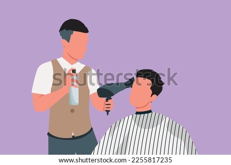 Cartoon flat style drawing of active barber makes hair styling with hair spray after haircut at barber shop. Young handsome man getting haircut in modern hair salon. Graphic design vector illustration