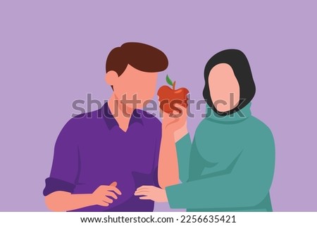 Graphic flat design drawing Arabian couple sharing apple. Man giving red fruit of knowledge, wisdom, mutual trust, kindness and support between teens. Providing love. Cartoon style vector illustration