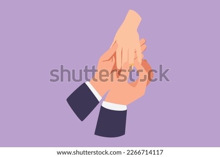 Cartoon flat style drawing of romantic man with woman hand ring. Bride groom make vow of loyalty on their wedding day. Happy couple on marriage ceremony celebration. Graphic design vector illustration