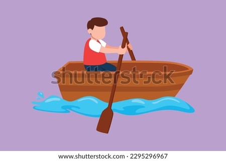 Character flat drawing adorable little boy paddling boat at river. Cute kids riding wooden boat. Kids rowing boat on lake. Happy children paddle boat on small river. Cartoon design vector illustration