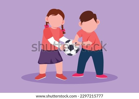 Character flat drawing little girl and boy brother sister fighting over a ball. Conflict between children. Adorable kids sibling fighting in playroom because of toy. Cartoon design vector illustration