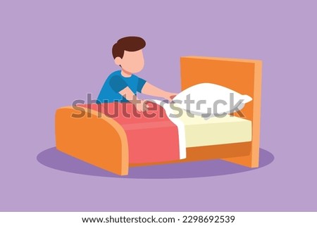 Cartoon flat style drawing adorable little boy making the bed at morning. Cute kids doing housework chores at home. Kids routine after waking up to tidy up the bed. Graphic design vector illustration
