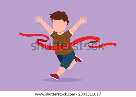 Character flat drawing adorable little boy run in race and win first place. Happy little kid running to finish line first, children physical activity at playground. Cartoon design vector illustration