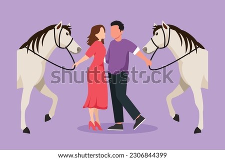 Similar – Image, Stock Photo A couple is horse riding on a meadow facing the distance. Romantic and active outdoor date. Autumn landscape, with young couple enjoying a horse riding. Overcast weather, beautiful horses.