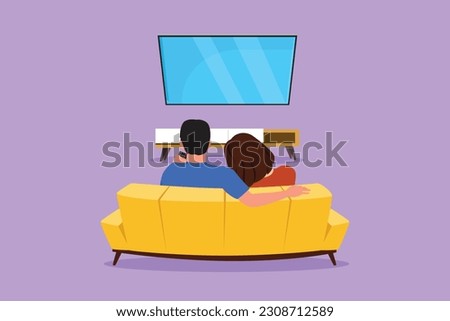 Graphic flat design drawing happy family sitting on sofa and watch tv in cozy living room at evening. Lounge room interior with rear view of romantic couple on couch. Cartoon style vector illustration