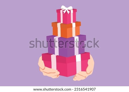 Graphic flat design drawing faceless millennial lady carrying pile of wrapped gifts box isolated on blue background. Young woman holding huge stack New Year presents. Cartoon style vector illustration