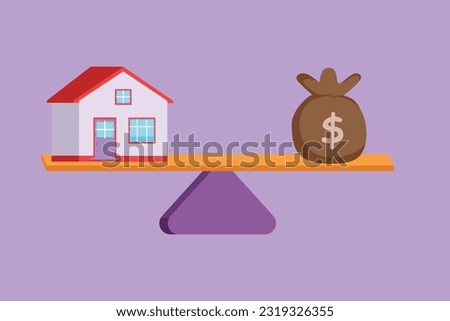Cartoon flat style drawing money and home, loan, mortgage, logo, icon, symbol. Change home into cash concept. US Dollar in sack bag. Balance home and debt on scales. Graphic design vector illustration
