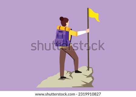 Character flat drawing young pretty girl with backpack standing on top of mountain, female climber reached the summit, summer holidays adventure logo, icon, symbol. Cartoon design vector illustration ストックフォト © 