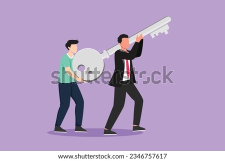 Cartoon flat style drawing two man hold together key to open locked door. Knowledge partnership can lead to success. People carrying big key to have access to place. Graphic design vector illustration