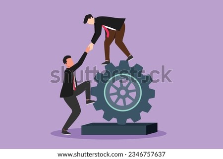 Cartoon flat style drawing two businessmen helping each other on top of cog. Teamwork people help each other trust assistance. Goal with collaboration group concept. Graphic design vector illustration