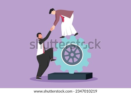 Cartoon flat style drawing two Arab businessmen helping each other on top of cog. Teamwork people help each other trust assistance. Goal with collaboration concept. Graphic design vector illustration