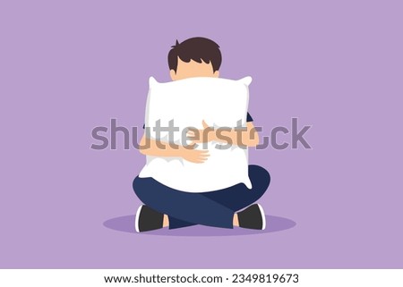 Graphic flat design drawing adorable little boy sitting and holding pillow ready to sleep. Happy child wearing pajamas going to bed. Has good night and sweet dream. Cartoon style vector illustration
