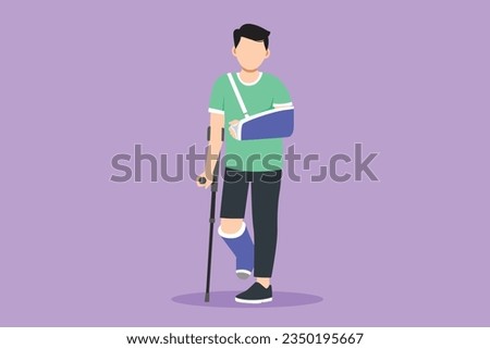 Cartoon flat style drawing sad and happy man with broken arm and leg in cast with crutch and fixing collar around his neck. Fracture limb. Injury male in hospital. Graphic design vector illustration