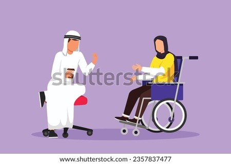 Character flat drawing of two Arab people sitting chatting, one using chair and one using wheelchair. Friendly man and woman talking to each other, disabled society. Cartoon design vector illustration