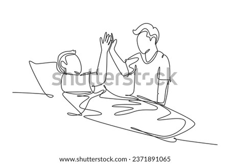 Single continuous line drawing son take care of sick father at hospital and should be take a bed rest and give high five gesture. Medical healthcare. One line draw graphic design vector illustration