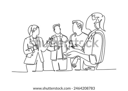 Single continuous line drawing of project manager explain company business process to young male and female apprentices at office. Business internship. One line draw graphic design vector illustration