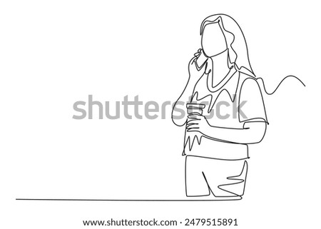 Single one line drawing female employee talking with her work partner on phone while holding a cup of coffee drink. Drinking tea concept. Modern continuous line draw design graphic vector illustration