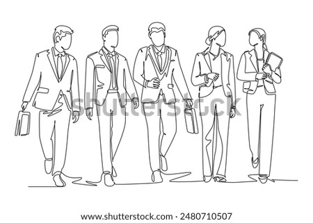 Single continuous line drawing young businessman and businesswoman walking and talking together on office lobby. Urban commuter worker concept. Dynamic one line draw graphic design vector illustration