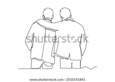 Single one line drawing back view of young happy businessmen hugging each other to show support when meeting at the office. Business friendship. Continuous line draw design graphic vector illustration