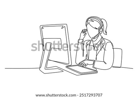 Continuous one line drawing young confused call center worker answering phone call from talkative customer in front laptop. Help desk center care. Single line draw design vector graphic illustration