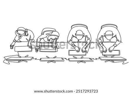 Continuous one line drawing top view group of telemarketing team member calling prospective client offer automotive product. Sales marketing worker. Single line draw design vector graphic illustration