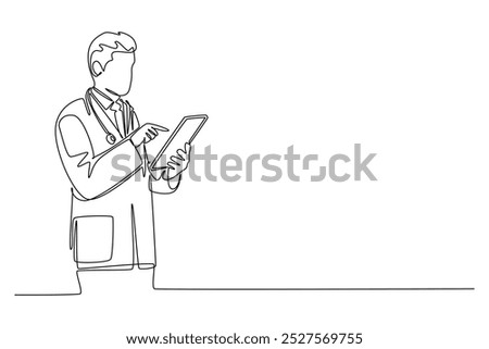 Single continuous line drawing male doctor pose standing to read a journal health and medical record on tablet. Medical health care research concept. One line draw graphic design vector illustration