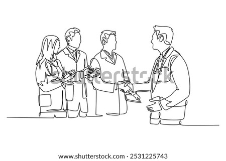 Single continuous line drawing happy hospital head giving congratulate handshake to group of doctors for teamwork achievements. Medical award concept. One line draw graphic design vector illustration