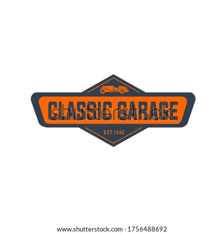 Vector illustration of classic car with geometric frame and text isolated on white background good for classic car garage logo which serves maintenance