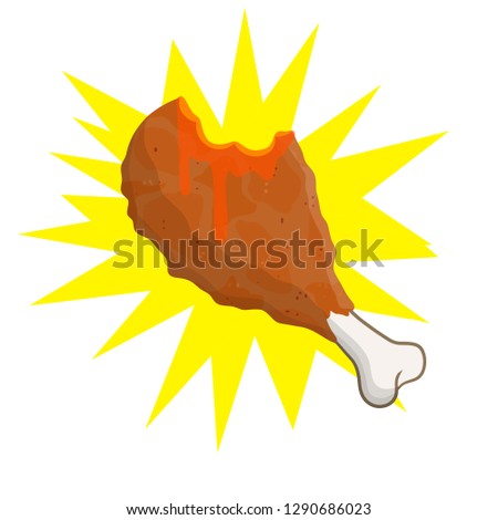 Bitten piece of delicious fried chicken with red sauce. Meat food with yellow flash effect. Meal from the grill. Cooked leg with bone. Cartoon flat illustration