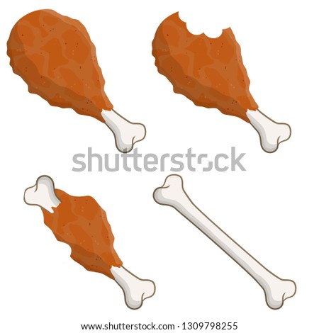 Piece of fried chicken leg. Delicious and fatty foods. Bitten meat with bone. Eaten meal. Brown Food debris and scraps. Cartoon flat illustration