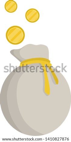 Old wallet for money. Small bag with a rope. Element of the village and of the middle ages. Storage of cash and coins. Grey purse and sack. Cartoon flat illustration