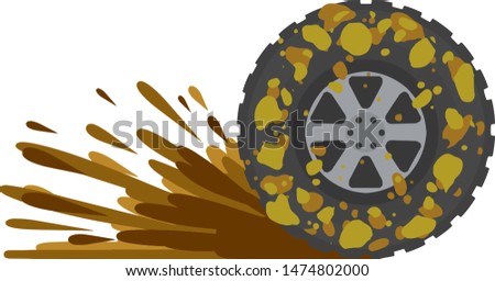 Dirty wheel of the truck. Off-road driving. ground on tire. Car wash symbol. Garbage and dirt. Cartoon flat illustration