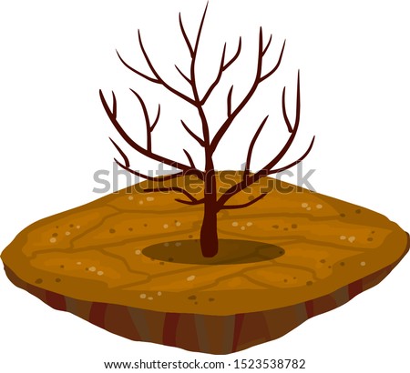 Dry tree in desert. Brown platform with ground. Dead old plant with branches. Global warming. Gloomy concept. Wooden object. Mud and dust of steppe. Cartoon flat illustration.
