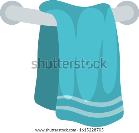 Blue towel on holder. dry off with towel. Object on wall. Cartoon flat illustration. Element of bath, shower and kitchen