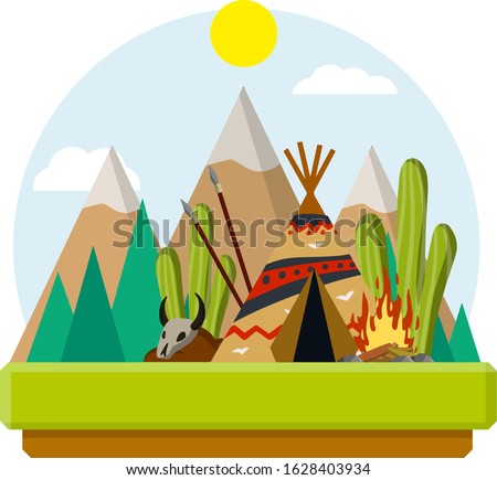 Indian wigwam. Home of native American. Tent made of skins. Spear and skull of animal. Forest landscape with mountains. Brown tepee. Tribal hut.
