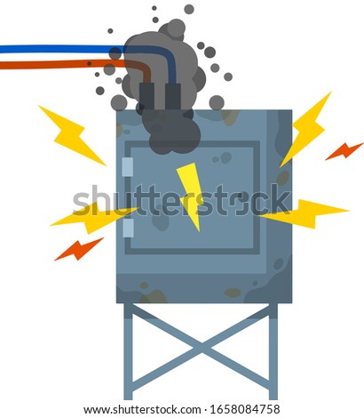Damaged Switchboard. Electrical wires in box. Cartoon flat illustration. Fuse and electrical engineering. Technical industrial appliance. Danger situation - fire. High voltage sensor