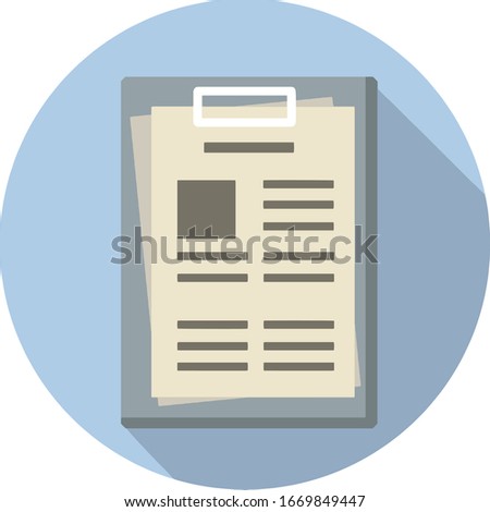 Medical document with sheet, paper. Set of objects of hospital. Cartoon flat illustration in blue circle