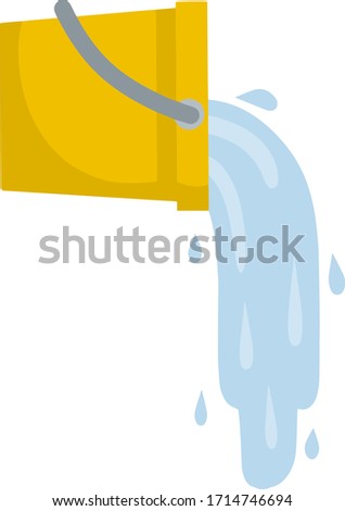 Splash and splatter. Liquid pours out. Cartoon flat illustration. Cleaning the house. Orange bucket of water. Yellow object for washing