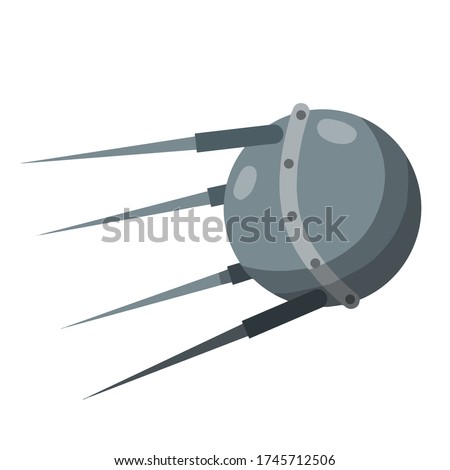 Soviet Sputnik. The first spacecraft to orbit earth. Spherical probe. Historical Russian scientific invention. Symbol of Technology and space industry. Cartoon flat illustration