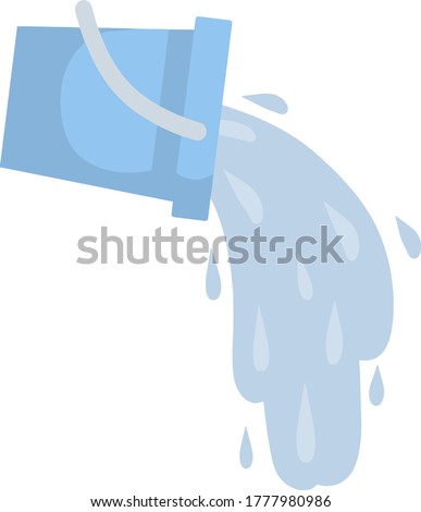 Blue bucket of water. Splash and splatter. Cleaning the house. Object for washing. Blue puddle on the floor. Liquid pours out. Cartoon flat illustration