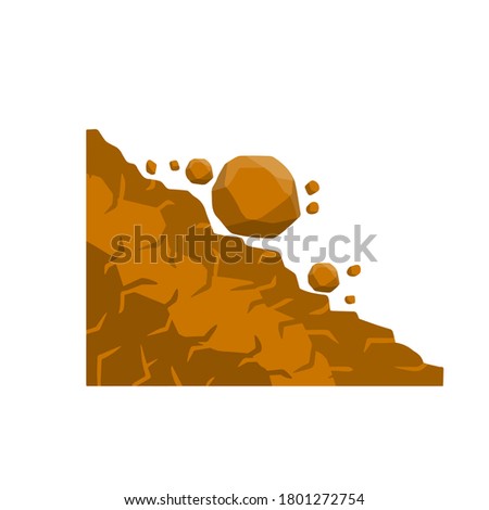 Rock rolls off a cliff. Falling boulder. Rockfall and landslide. Business concept of crisis and problems. Element of nature and mountains. Brown earth. Flat cartoon illustration.