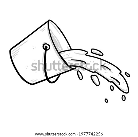 Water is poured out of bucket. Overturned pail with liquid and splashes with drops. Sketch cartoon illustration