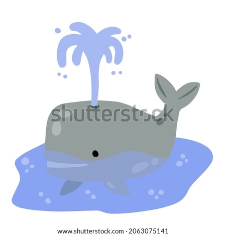 Cute funny whale with water fountain in sea or ocean. Marine animal. Funny blue sperm whale. Children drawing in Scandinavian style