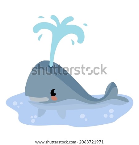 Cute funny whale with water fountain in sea or ocean. Marine animal. Funny blue sperm whale. Children drawing in Scandinavian style