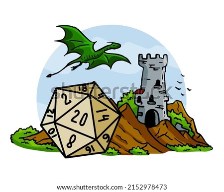 Tabletop RPG game with 20d dice. Castle fort with tower. Fantasy adventure and dragon. Mountain landscape.