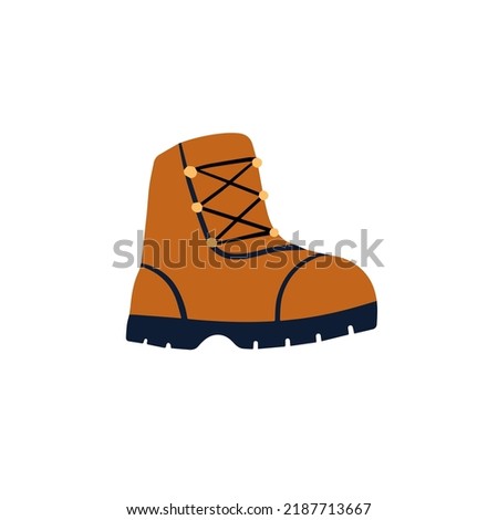 Hiking boots. Sturdy brown leather travel shoes. Traveler clothing item. Doodle cartoon